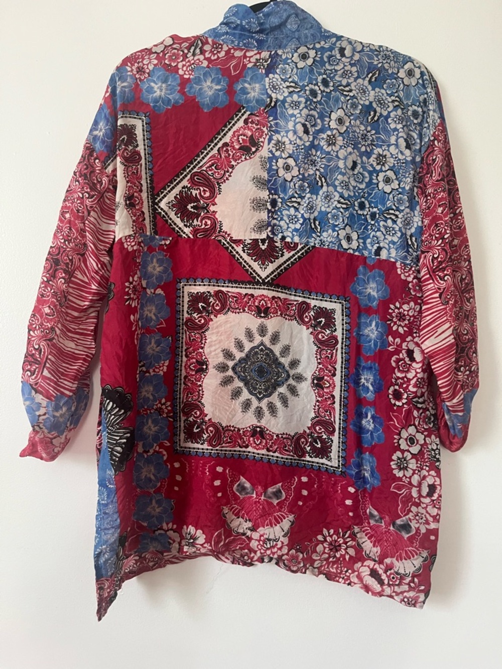 Johnny Was 100% Silk Patchwork Floral-Print Button-Up Blouse - Red & Blue - Picture 2 of 4